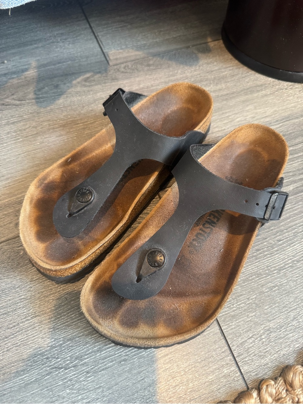Birkenstock Black Suede Thong Sandals with Brown Suede Footbeds